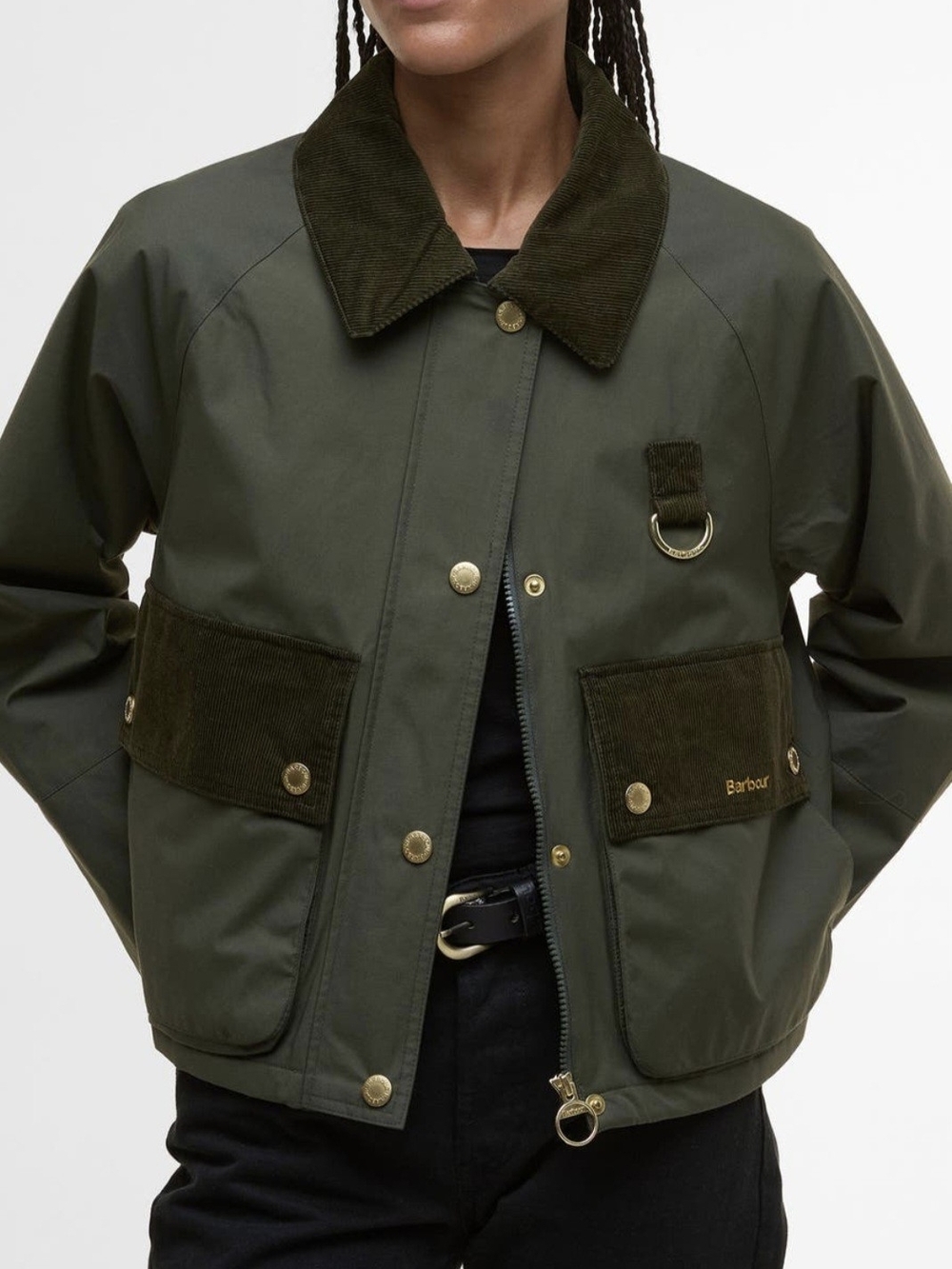 Barbour Phoebe Casual Cropped Jacket Olive Green Corduroy Trim Size US 6